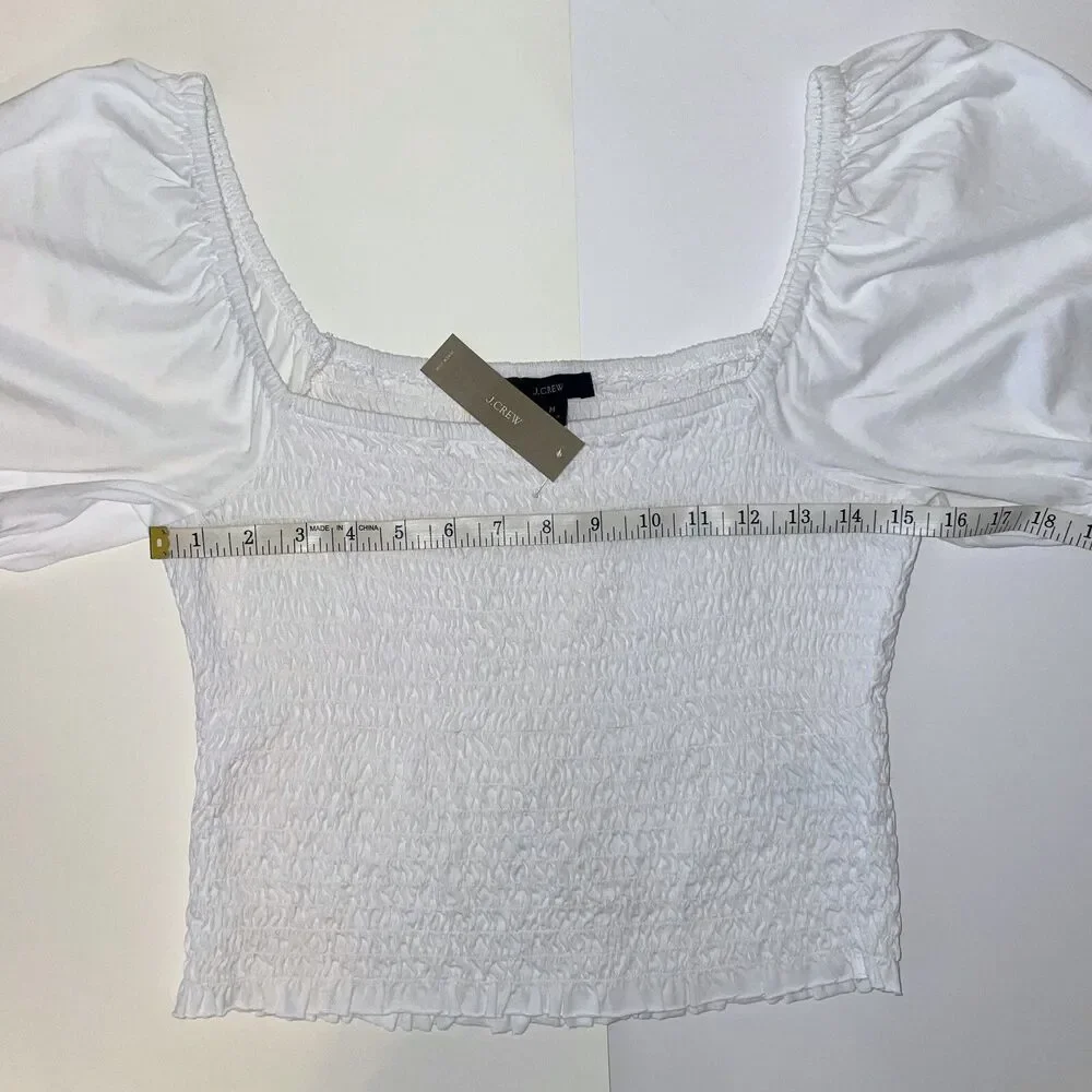 NWT J.CREW Smocked Broken-in Jersey Cropped Top Puff Sleeve Cotton Shirt White M